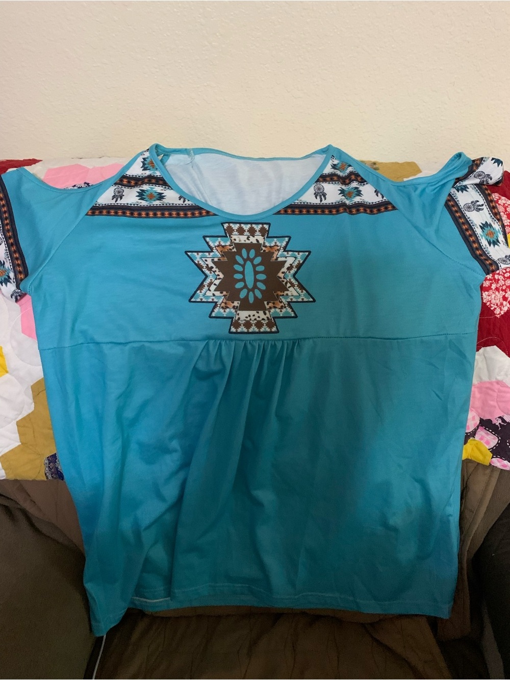 Turquoise Aztec Print Cold-Shoulder Women's Top